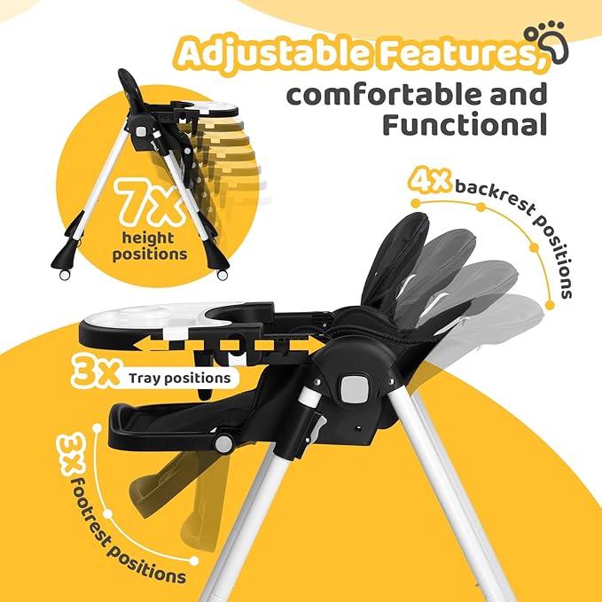JOYMOR Foldable Baby High Chair, 4 in 1 Convertible Highchair for Eating, Height Adjustble and Multiple Seat Position, Compact Foldable Design for Easy Storage (Black)