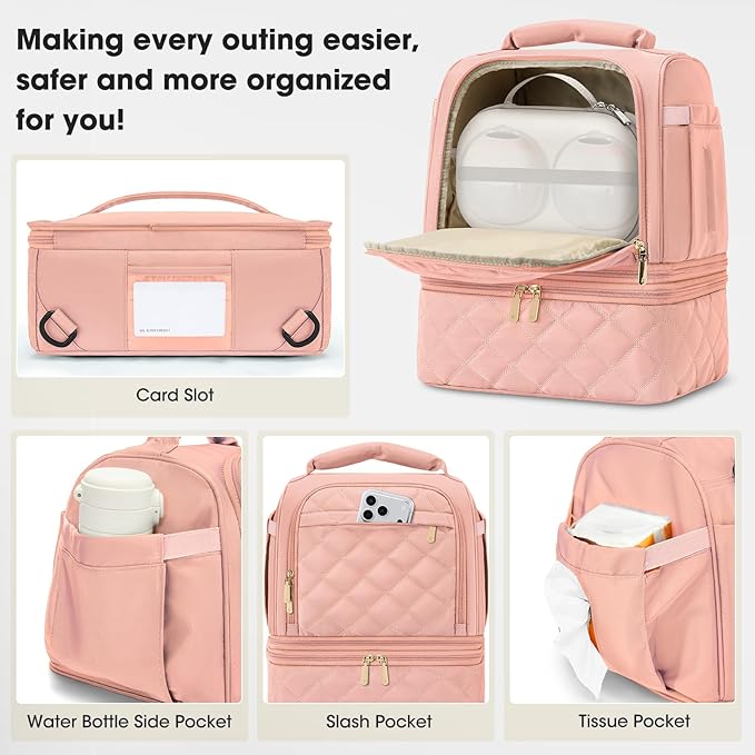 RAINSMORE Wearable Breast Pump Bag, Willow/Eufy/Elvie/Spectra/Medela/Momcozy M5/S12 Pro, Breast Milk Cooler Travel Bag with Cooler Compartment & Ice Pack, Pink