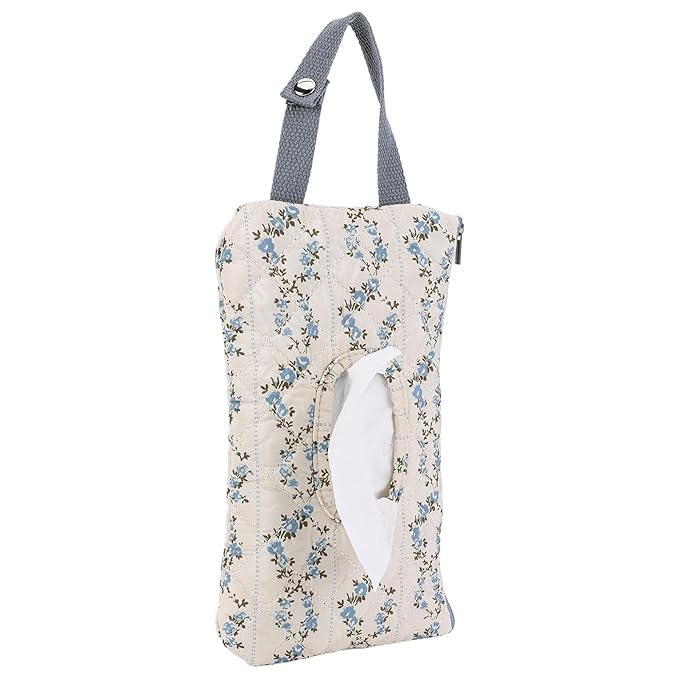 Quilted Baby Wipe Holder, Canvas Floral Quilted Pouch with Hanging Strap, Portable Diaper Wipe Holder for Travel Stroller-Blue Flower