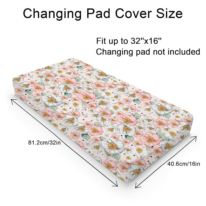 Boho Floral Diaper Changing Pad Covers for Baby Boys or Girls 32''x16'' Colorful Flowers Nature Wild Plants Unisex Fitted Change Table Sheets Mats Comfort Soft Breathable Cradle & Bassinet Bed Sheets