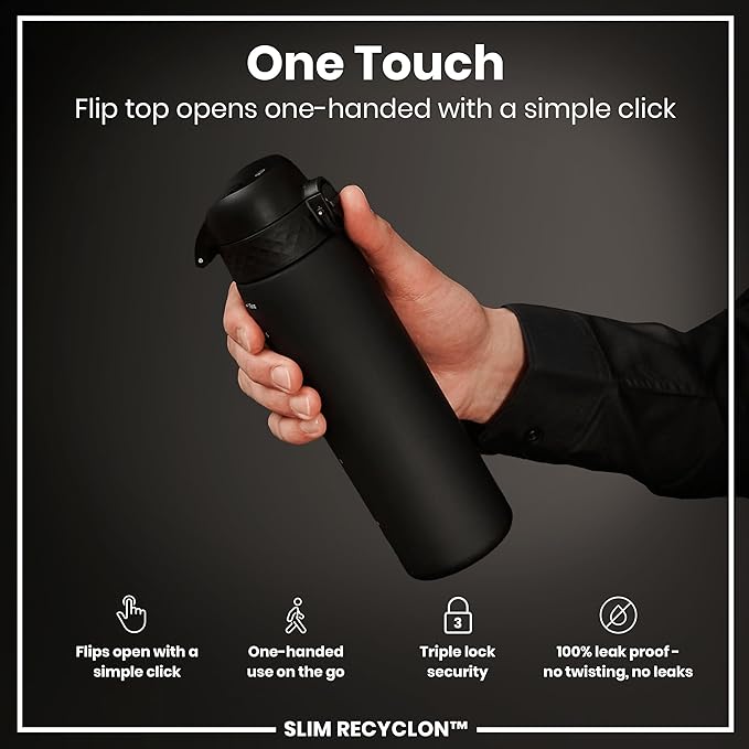 Ion8 Water Bottle, 500 ml/18 oz, Leak Proof, Easy to Open, Secure Lock, Dishwasher Safe, BPA Free, Hygienic Flip Cover, Carry Handle, Fits Cup Holders, Easy Clean, Odor Free, Carbon Neutral, Black