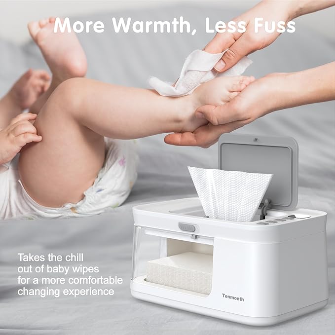Baby Wipe Warmer Baby Wet Wipes Dispenser, Tenmonth Diaper Wipe Warmer with LED Light & Transparent Viewing Window, Adjustable 95℉-131℉, 1.5 Meter Plug Cord