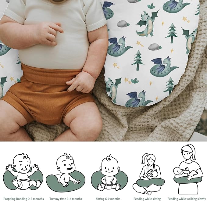 Fairytale Dragon Trees Stars Baby Nursing Pillow Covers for Boy Girl Cute Dragons Green Nursery Feeding Pillowcase for Breastfeeding Pillows Fantasy Animal Soft Stretchy Slipcover for Newborn Infant