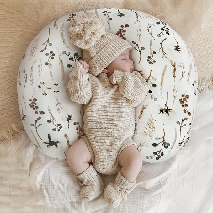GRSSDER Nursing Pillow Cover Stretchy Minky Removable Nursing Covers for Breastfeeding Pillows, Ultra Soft Comfortable Slipcover for Boy and Girls, Stylish Pretty Flora, Beige