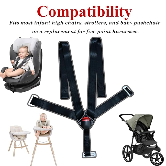 Universal Baby Seat 5pt 5 Point Harness with Locking Buckle, Baby Highchair Stroller Pushchair Chest Harness Clip Buckle + Harness Straps Width 38mm/1.5in