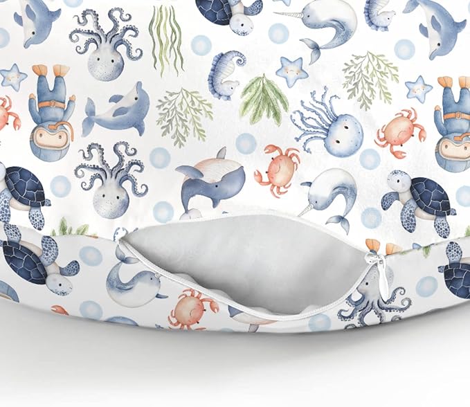 Sea Animal Baby Nursing Pillow Cover for Boy Girl Diver Turtle Jellyfish Whale Sea Weeds Starfish Nursing Slipcover for Breastfeeding Pillows Cute Ocean Animals Soft Stretchy Cover for Newborn Infant