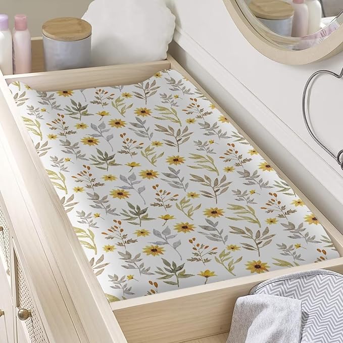 Microfiber Diaper Changing Table Sheets for Infants and Toddles Sunflower Green Leaves Baby Changing Pad Cover Soft Breathable