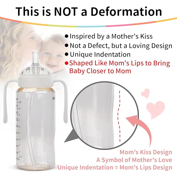 2 in 1 Baby Bottles n Straw Cup with Handle, Mombella Classic PPSU Baby Bottle & Sippy Cup, Toddler Water Bottle, Soft Silicone Fast Flow Nipple, BPA Free Transition Cup for 6 Months+, 10oz, Ivory