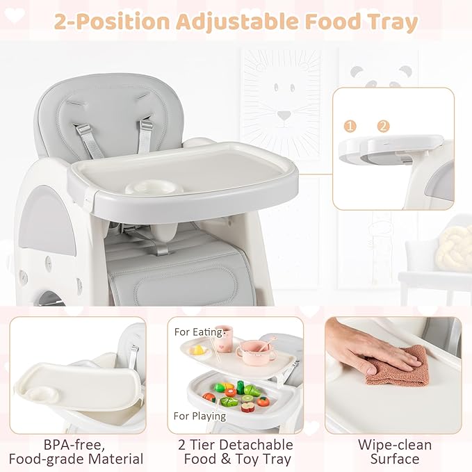 BABY JOY Baby High Chair, 8 in 1 Convertible High Chairs for Babies and Toddlers, Building Block Table and Chair Set, Adjustable Backrest, Removable Double Tray, Storage Boxes, Safety Harness (Gray)