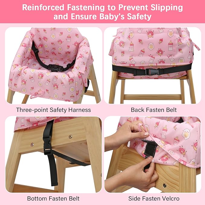 High Chair Cover for Baby Restaurant with 3-Point Harness,Portable High Chair Covers for Travel,Dining Out,Waterproof and Machine Washable,Inner Padded,Fits Wooden High Chairs,Pink