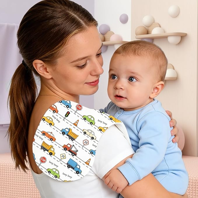 4 Pack Blue Burp Cloths Baby for Boys Girls,Soft Cotton,Traffic Car Theme Design,Super Absorbent Burping Clothes Burp Rags for Newborn,Machine Washable and Reusable Baby Spit-Up Cloths,20x10inches