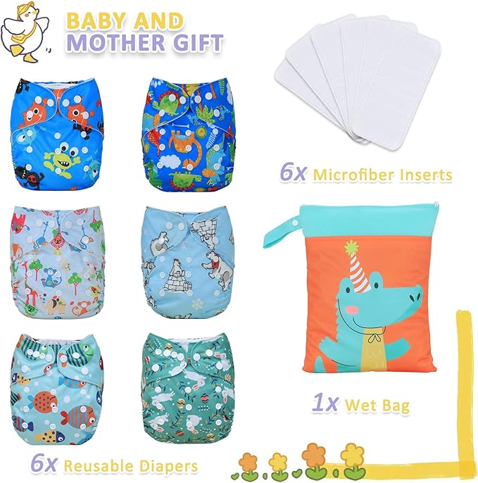 TDIAPERS Cloth Diapers Reusable Washable Pocket Diapers Cover One Size Adjustable for Baby Snaps Cloth Diapers Nappy 6 Pack with 6 Pcs Microfiber Inserts,1 Wet Bag