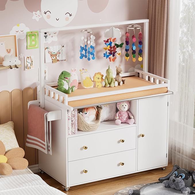 PAKASEPT Baby Changing Table, Infant Diaper Changing Station with Wheels & Wide Table Top & Clothes Rail, Baby Changing Table with Two Drawers and Cabinet for Nursery and Kids