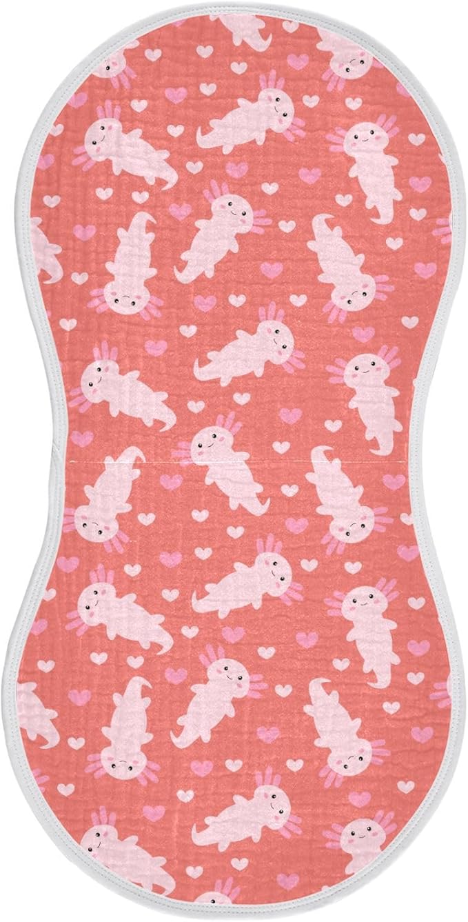 Muslin Burp Cloths for Baby Boys and Girls - 1-Pack Ultra Absorbent Cute Axolotl Heart Muslin Washcloths, Newborn Towel, Milk Spit Up Rags, Burp Cloth Bib for Unisex, 22 x 11 Inch