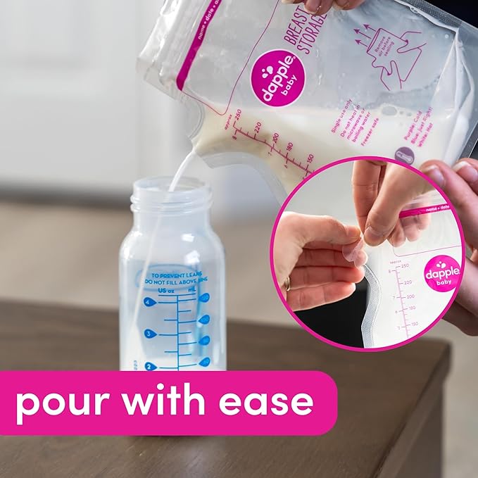 Dapple Breast Milk Storage Bags with East Pour Spout, Leakproof Double Zipper, BPA-Free, Pre-Sterilized, Temperature Sensor, Freezer-Safe, Pump Directly Into Bag, 8oz, 50ct