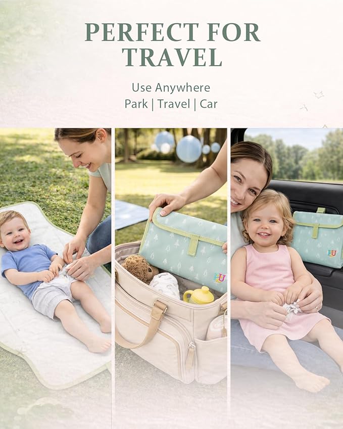 PZU Portable Diaper Changing Pad - Waterproof Travel Changing Mat with Built-in Pillow, Gifts for Baby Shower, Newborn Girls & Boys（Green Forest）