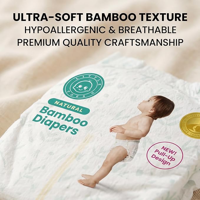 Little Toes Natural Bamboo Disposable Baby Diapers - Hypoallergenic, Sensitive Skin Safe, Patented Viscose, Day & Overnight 100% Absorbency and Leak Protection, Eco Friendly (Size 5 X-Large 36 Count)