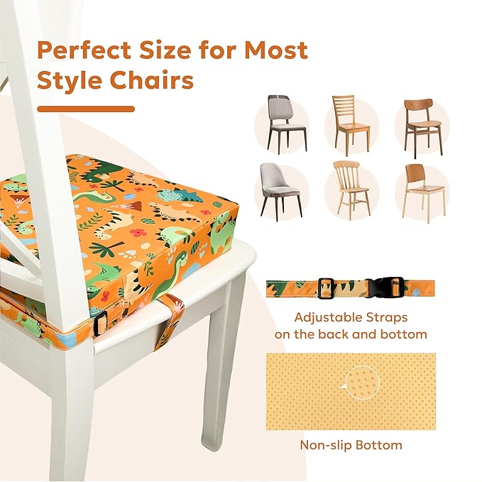 Toddler Booster Seat for Dining Table & Kitchen Chairs - Premium Foam with Non-Slip Bottom & Double Adjustable Straps, Safety Certified, Portable Travel &Easy to Clean (Orange-Dinosaur)