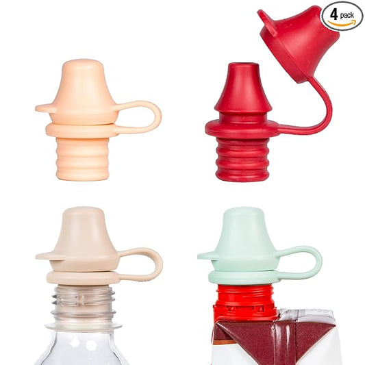 Kiddikap Original Water Bottle Topper for Toddlers – 100% Silicone Sippy Top Spout with Protective Cap makes the Bottle Top a Spill Proof Lid for Kids and Adults - 4 Pack - Pastel