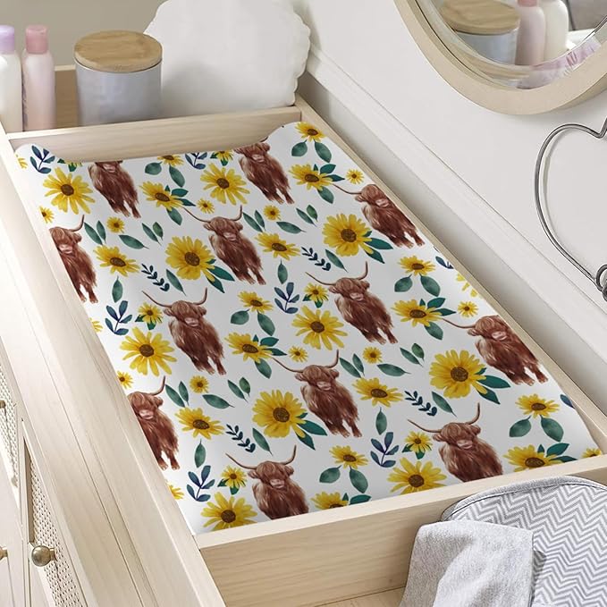 Highland Cows Floral Changing Pad Covers Highland Yak Flowers Leaves Diaper Change Table Pad Covers for Baby Girls and Boys Soft Breathable Stretch Changing Table Cover 32''x16'' Sunflowers