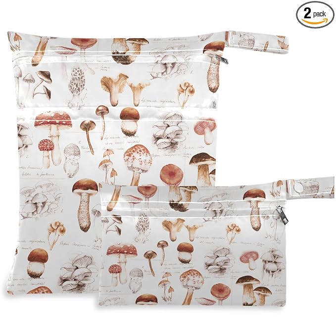 visesunny Hand Drawn Mushroom 2Pcs Wet Bag with Zippered Pockets Washable Reusable Roomy for Travel,Beach,Pool,Daycare,Stroller,Diapers,Dirty Gym Clothes, Wet Swimsuits, Toiletries