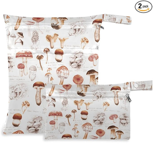 visesunny Hand Drawn Mushroom 2Pcs Wet Bag with Zippered Pockets Washable Reusable Roomy for Travel,Beach,Pool,Daycare,Stroller,Diapers,Dirty Gym Clothes, Wet Swimsuits, Toiletries