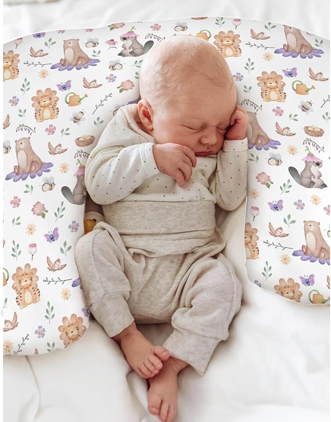 Spring Animals Baby Nursing Pillow Covers for Boy Girl Bear Tiger Bird Bees Floral Nursery Pillowcase for Breastfeeding Pillows Cute Floral Animals Soft Stretchy Slipcovers for Newborn Infant