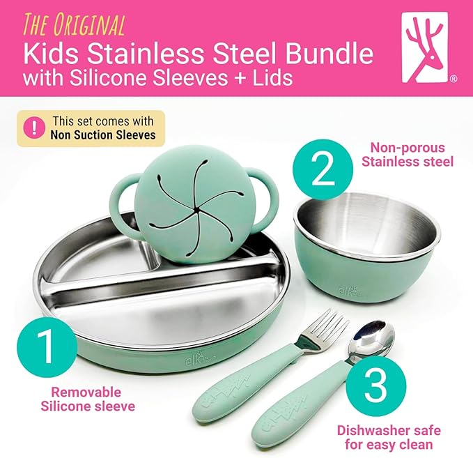 Elk and Friends Kids Stainless Steel Mealtime Bundle | Plates, Bowls, Snack Cups + Toddler Utensils | Silicone Sleeves + Travel Storage Lids | For Meals + Snacks | Dishwasher Safe