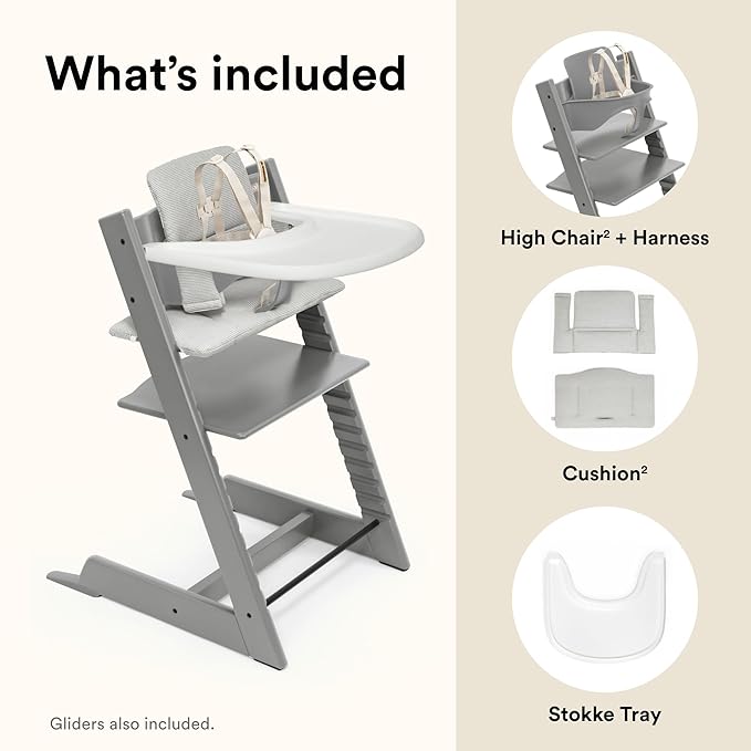 Stokke Tripp Trapp High Chair 2 (Storm Grey), Cushion 2 (Nordic Grey) + Stokke Tray (White) - Includes Chair + Baby Set 2 with Removable Harness for Children 6-36 Months
