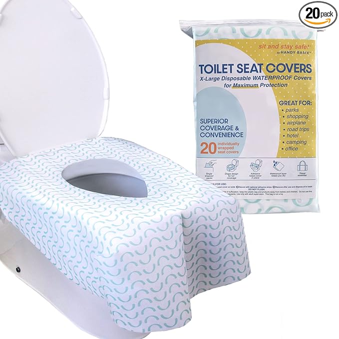 XL Full Coverage Disposable Toilet Seat Covers for Kids, Adults & Potty Training, Waterproof, 20 Pcs - Single Wrapped (Curves)