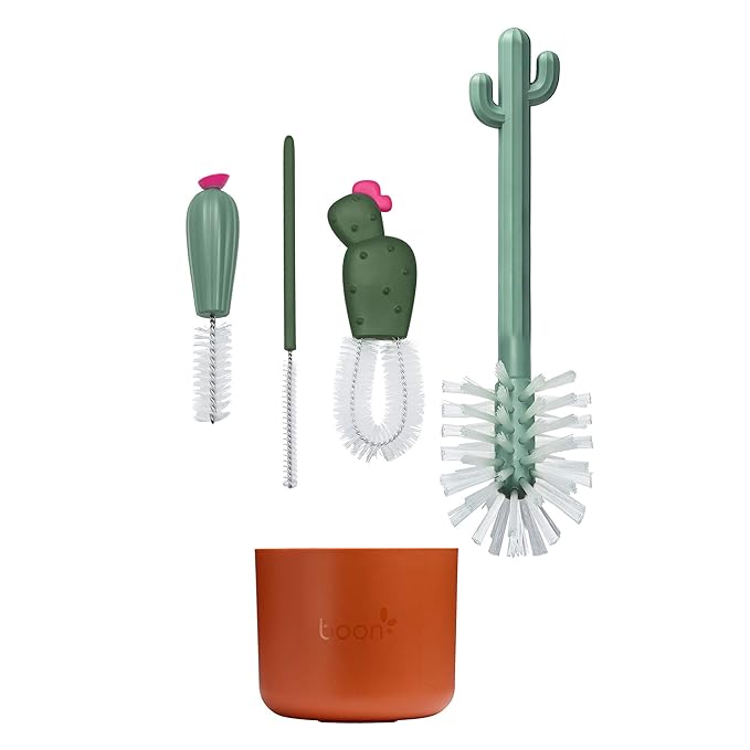 Boon Nursh Reusable Silicone Baby Bottles with Pouch Design - Stage 1 Slow Flow - 4 Oz - 3 Count and Boon Cacti Bottle Cleaning Brush Set - 4 Count