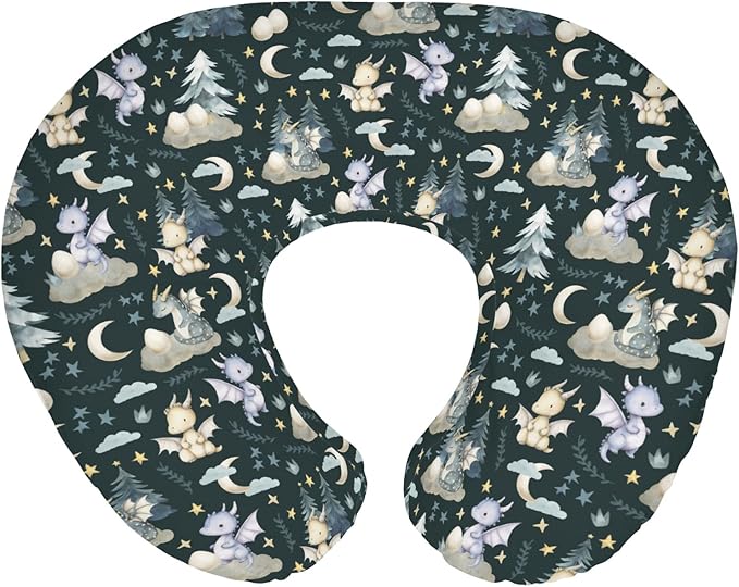 Fairytale Dragons Baby Nursing Pillow Cover for Boy Girl Cute Dragon Moon Stars Clouds Trees Eggs Nursery Pillowcase for Breastfeeding Pillows Fantasy Animal Soft Stretchy Slipcover for Newborn Infant