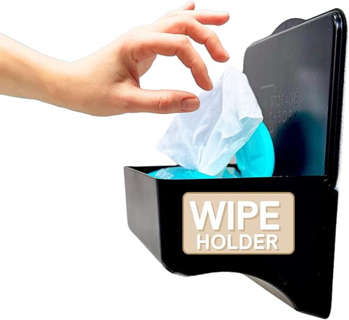 Wipe Holder for Bathroom – Adhesive Wall Mount Organizer for Wet Wipes – Bathroom Toilet Wipes Shelf & Baby Wipe Holder Dispenser, Organize Feminine Products – Black, 1 Pack