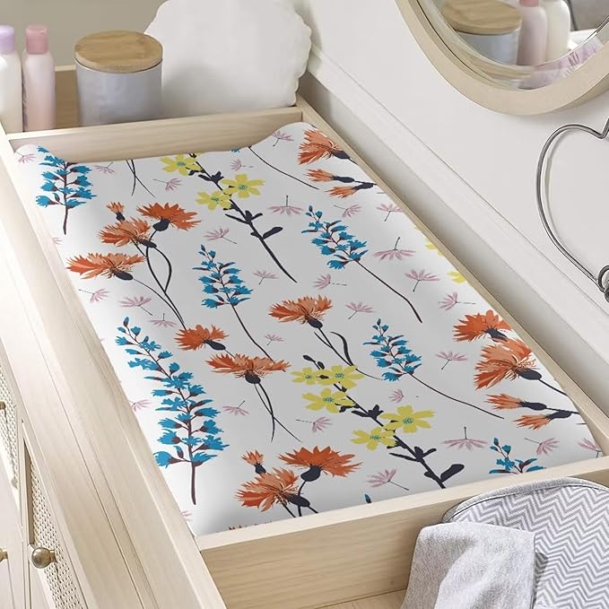 Flowers Changing Table Cover for Boys Girls Soft Baby Changing Pad Cover Breathable Table Sheets Washable Lightweight Diaper Changing Cover