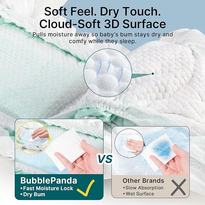 BubblePanda Overnight Diapers, Baby Diapers Nighttime Protection with Dual Absorbent Core, Wider Absorbent Zone, Leak Proof & Soft Surface, Disposable(Size 2, Count 80)