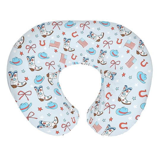 July 4th Western Cowboys Baby Nursing Pillow Covers for Boy Cowboy Boots Hat American Flag Stars Bows Nursing Slipcovers for Breastfeeding Pillows Patriotic Soft Stretchy Cover for Newborn Infant Blue