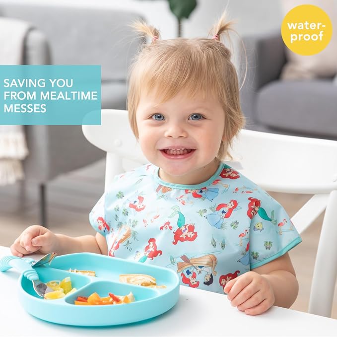Bumkins Disney Short Sleeve Bib for Girl or Boy, Toddler and Kids for 1-3 Years, Large Size, Essential Must Have for Junior Children, Eating, Mess Saving Soft Fabric Apron, Ariel and Jasmine 2-pack