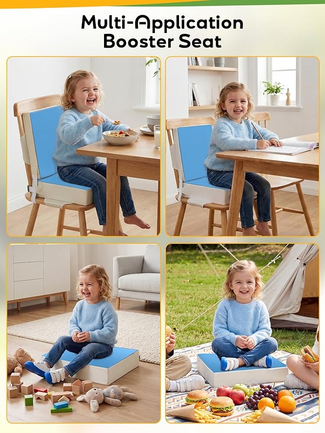 Toddler Booster Seat for Dining Table, Slip Bottom Double Safety Straps, Stronger Support Booster Seat Dining Toddler, Breathable Fabric Booster Seat for Table (Blue)