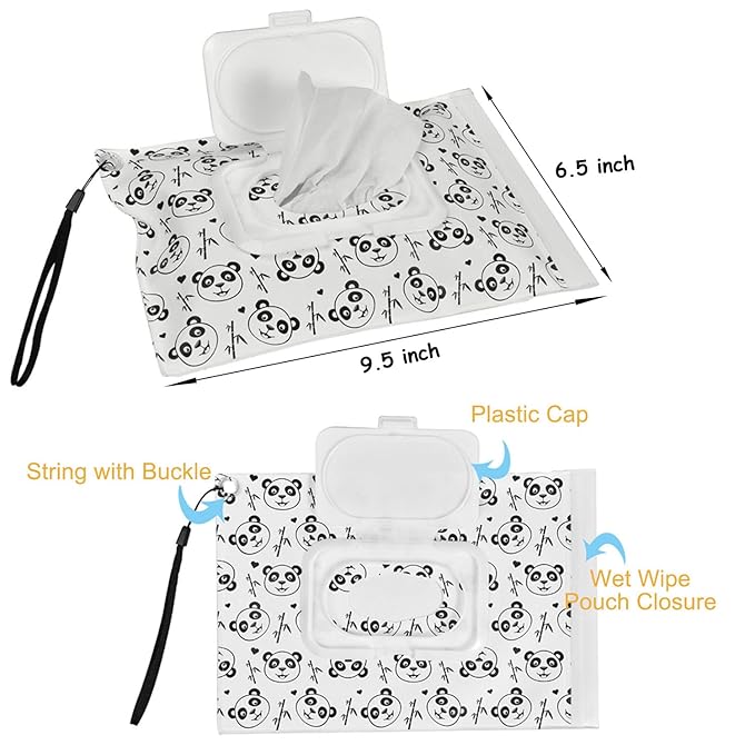 Wipes Dispenser & Pouch/Tissue Bag, Wipes/Tissue Case with Moisture Seal & Non-Slip Feet, Dustproof Container (2WH+2Panda)