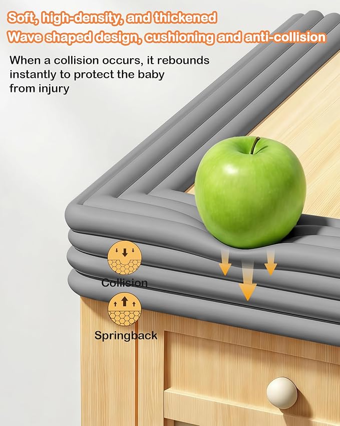 Corner Protector Baby, 16.5FT 0.4''Th W-Shape Edge Protector for Baby Proofing 4'' Wide Foam Fireplace Cushion Pre-Taped Safety Guard Bumper Pad for Furniture Wall Stair Door (Grey)