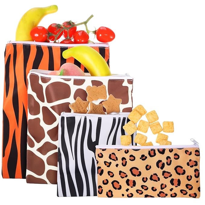 Paterr 4 Pcs Sandwich Bag Reusable Zipper Snack Bags Washable Food Safe Lunch Bags for Kids Students Adults Food (Animal)