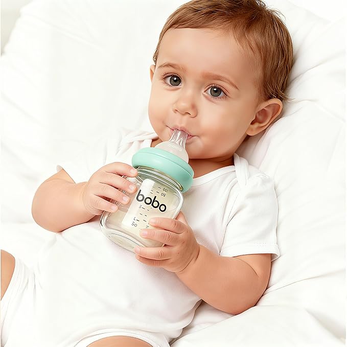 YOHKOH Natural Glass Baby Bottle with Level 1 Slow Flow Nipple, Newborn Anti-Colic Baby Bottles, Wide Neck Mushroom Baby Glass Bottle (3.4oz (Pack of 4), Multicolour)