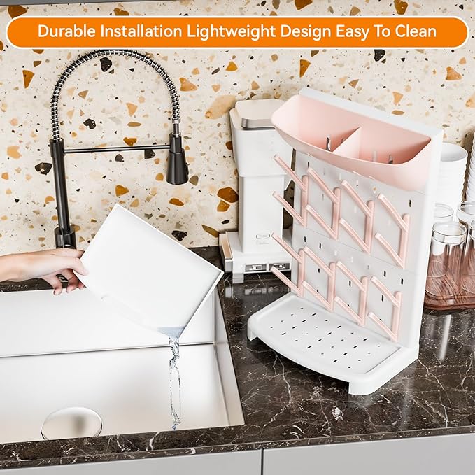 SuoXing Vertical Baby Bottle Drying Rack with Brush- Hold 16 Bottles - Large Breast Pump,Bottle Dryer Rack for Kitchen Countertop,Space Saving Bottle Stand Holder for Pacifiers,Pump Accessories,Pink