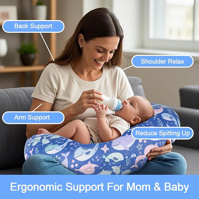 x-vesolje Nursing Pillow, Breastfeeding Pillow with Removable Cover, Ergonomic Breast Feeding Pillow, Baby Feeding Support Pillow for Mom Easier Breastfeeding- Original Size/Whale