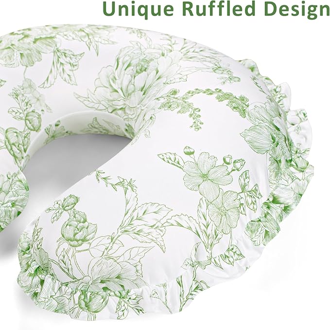 DILIMI Nursing Pillow Cover, Removable Ruffled Pillowcase for Breastfeeding Pillows, Ultra Soft Comfortable Slipcover for Baby Girl and Boy, Green Floral