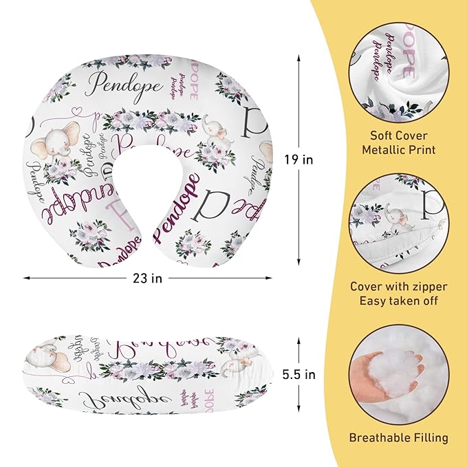 Baby Nursing Pillow Cover - Personalized Name Breastfeeding Pillow Cover with Elephant Pattern, Stretchy Removable U-Shaped for New Moms, Soft Breathable Slipcover for Infant Boys Girls