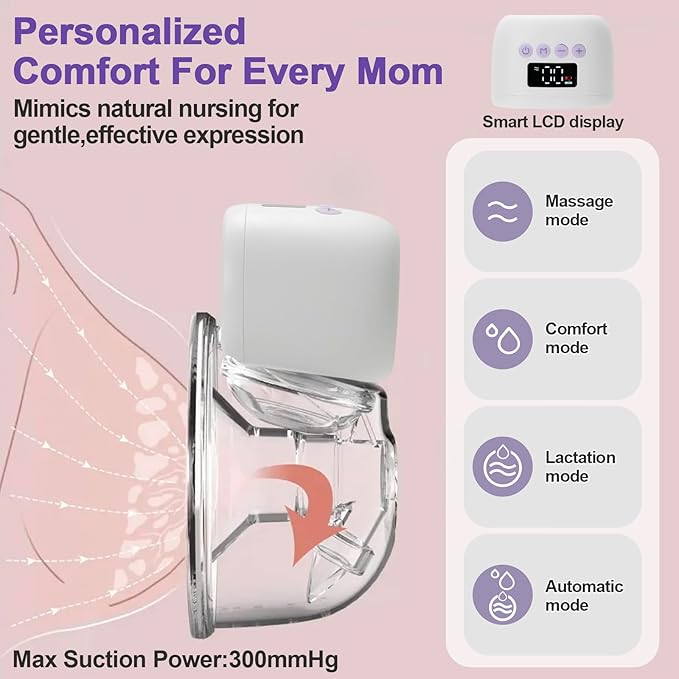 Hands-Free Wearable Electric Portable Breast Pump with 4 Modes 12 Levels Adjustable and Intelligent Memory for Breastfeeding Moms