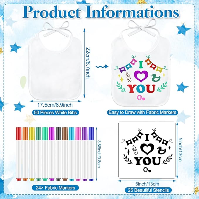 Panitay 100 Pcs DIY Baby Bibs Decorating Kit 50 White Bibs 25 Stencils 24 Markers 1 Baby Shower Game Sign