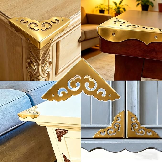4pcs Metal Corner Protectors Solid Brass with Victorian-Inspired scrollwork Pattern Brackets Vintage Furniture Corner Protector Edge Guard for Table Desk Cabinet with Screws (Bronze)