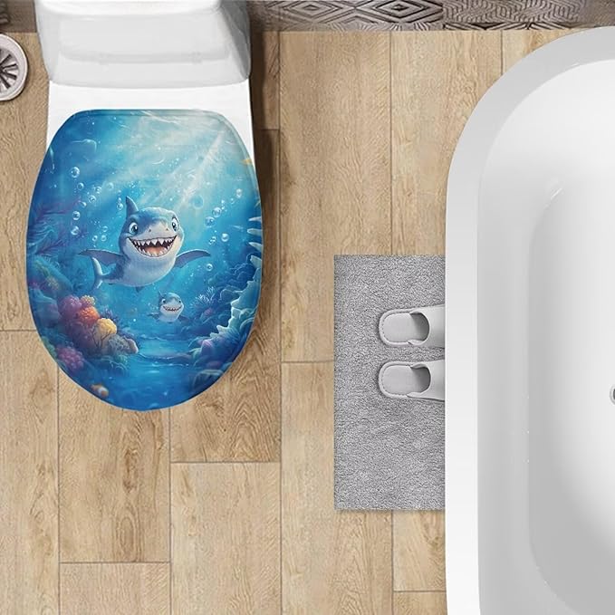Funny Cartoon Shark Toilet Seat Covers for Bathroom Flannel Fabric Toilet Cover Set Stretch Washable Protector Cover Suitable for Home School Hotel Dormitory Apartment